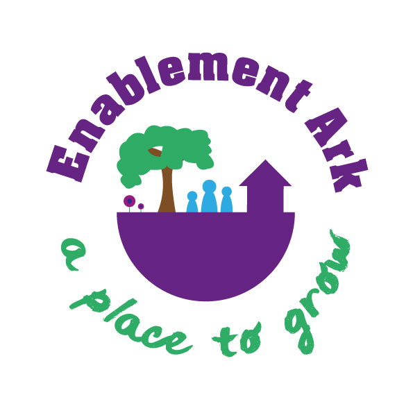 The Enablement Ark logo has the words 'Enablement Ark' in purple writing at the top, an ark shaped boat in the middle, with a barn, tree and people on it. Under the boat picture are the words 'a place to grow'