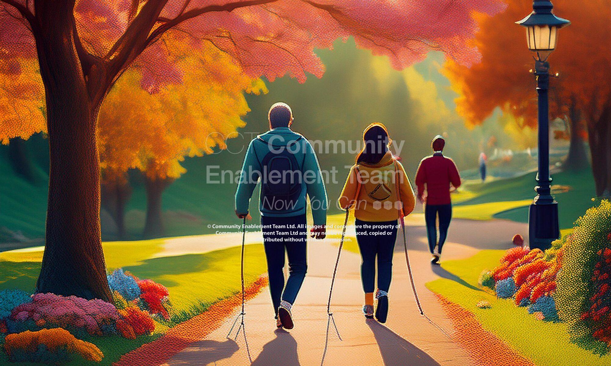 Two people walking down a path in a park during autumn, using walking poles, surrounded by trees with vibrant red, yellow, and orange leaves. The sun is shining brightly, casting a warm glow over the scene, while the path is lined with colorful flowers and greenery. The atmosphere is peaceful and serene, with other walkers in the background, enjoying the sunny morning stroll through nature.