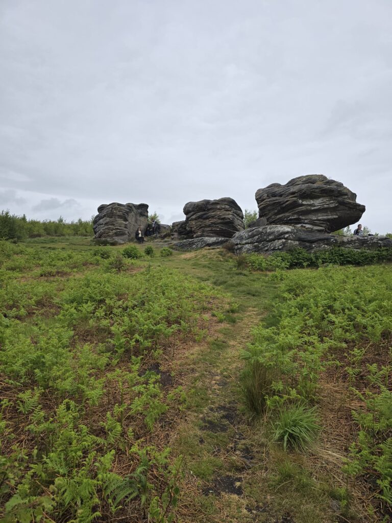 A wide shot showing a grassy track leading up to large rock formations, with a few people visible near the rocks.